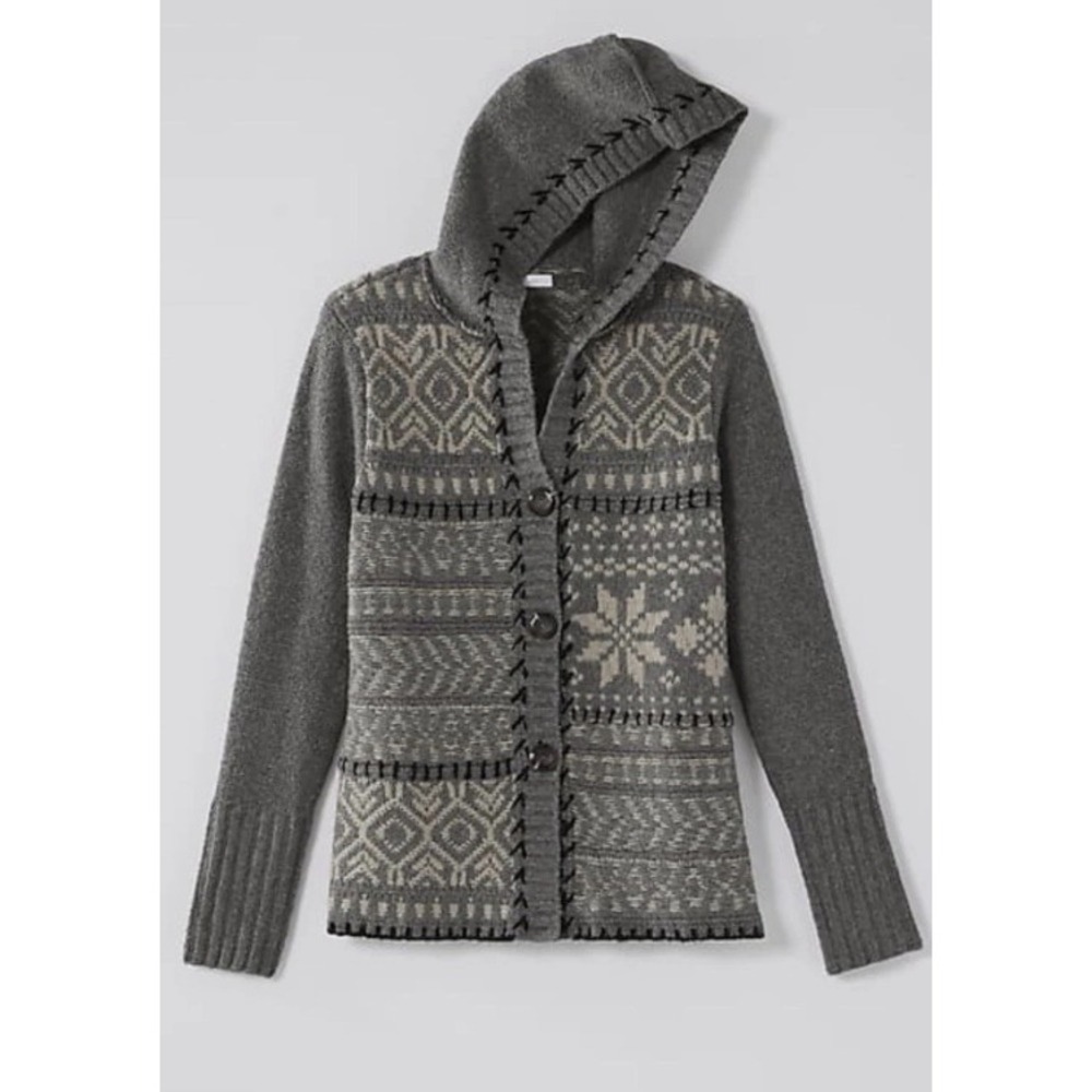 J Jill NWT Fair Isle Hooded Sweater M Grey Blanket Stitch Granola Girl Cottage